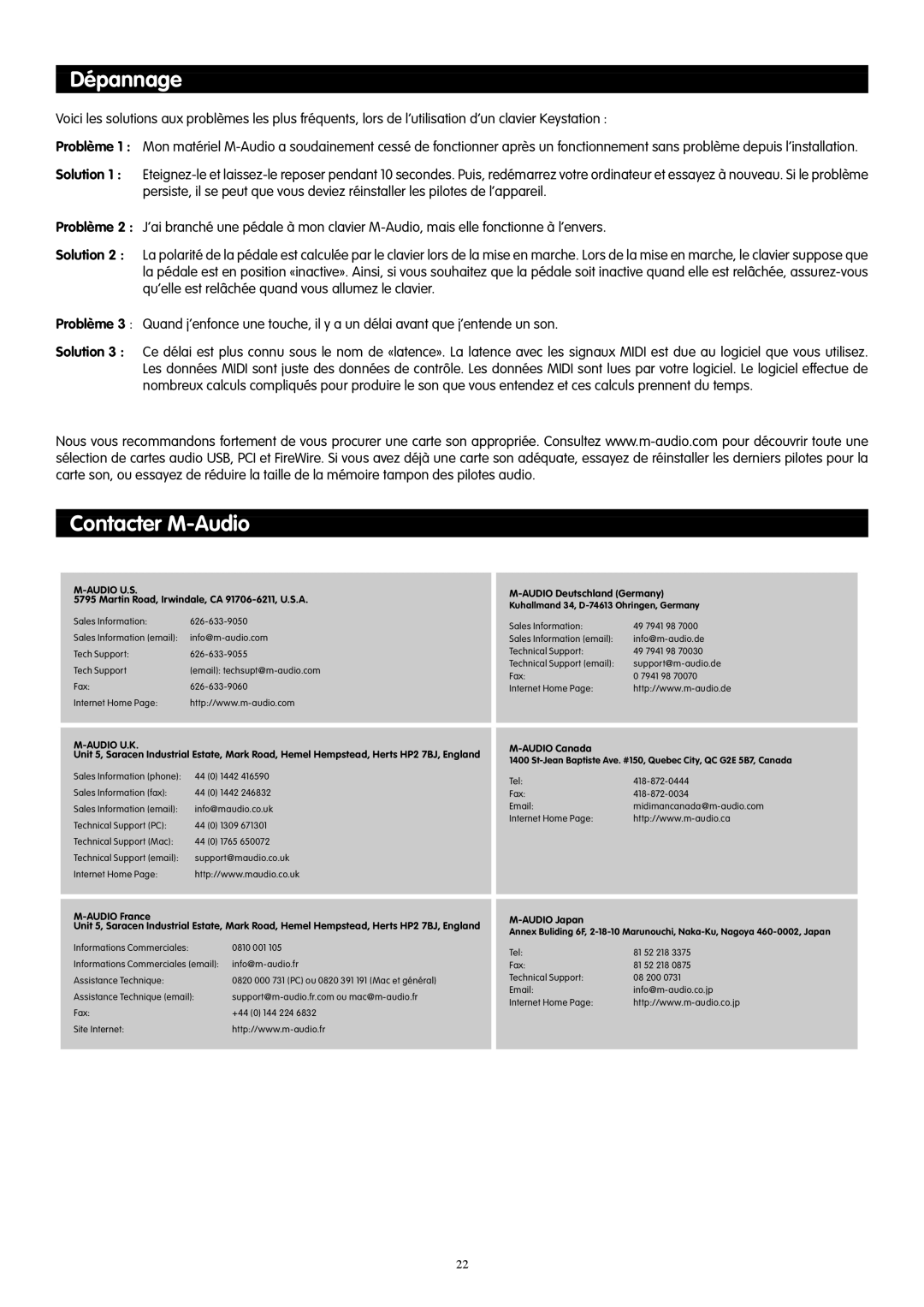 M-Audio 49es manual Dépannage, Contacter M-Audio 