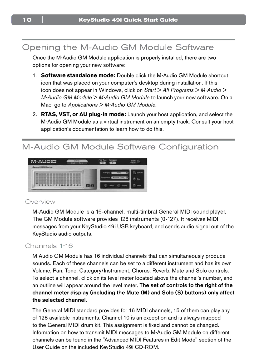 M-Audio 49i quick start Opening the M-Audio GM Module Software, Audio GM Module Software Configuration, Overview, Channels 