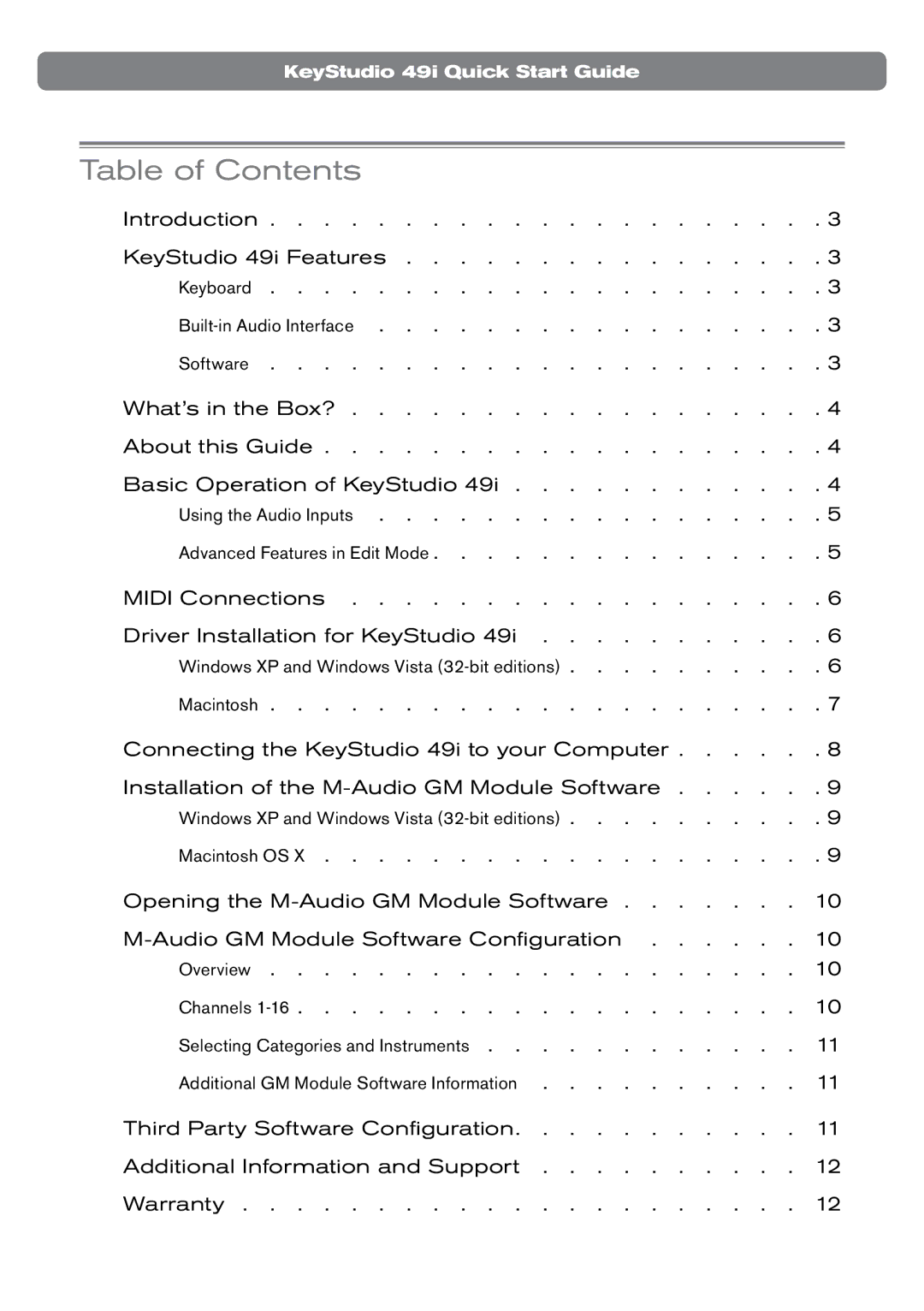 M-Audio 49i quick start Table of Contents 