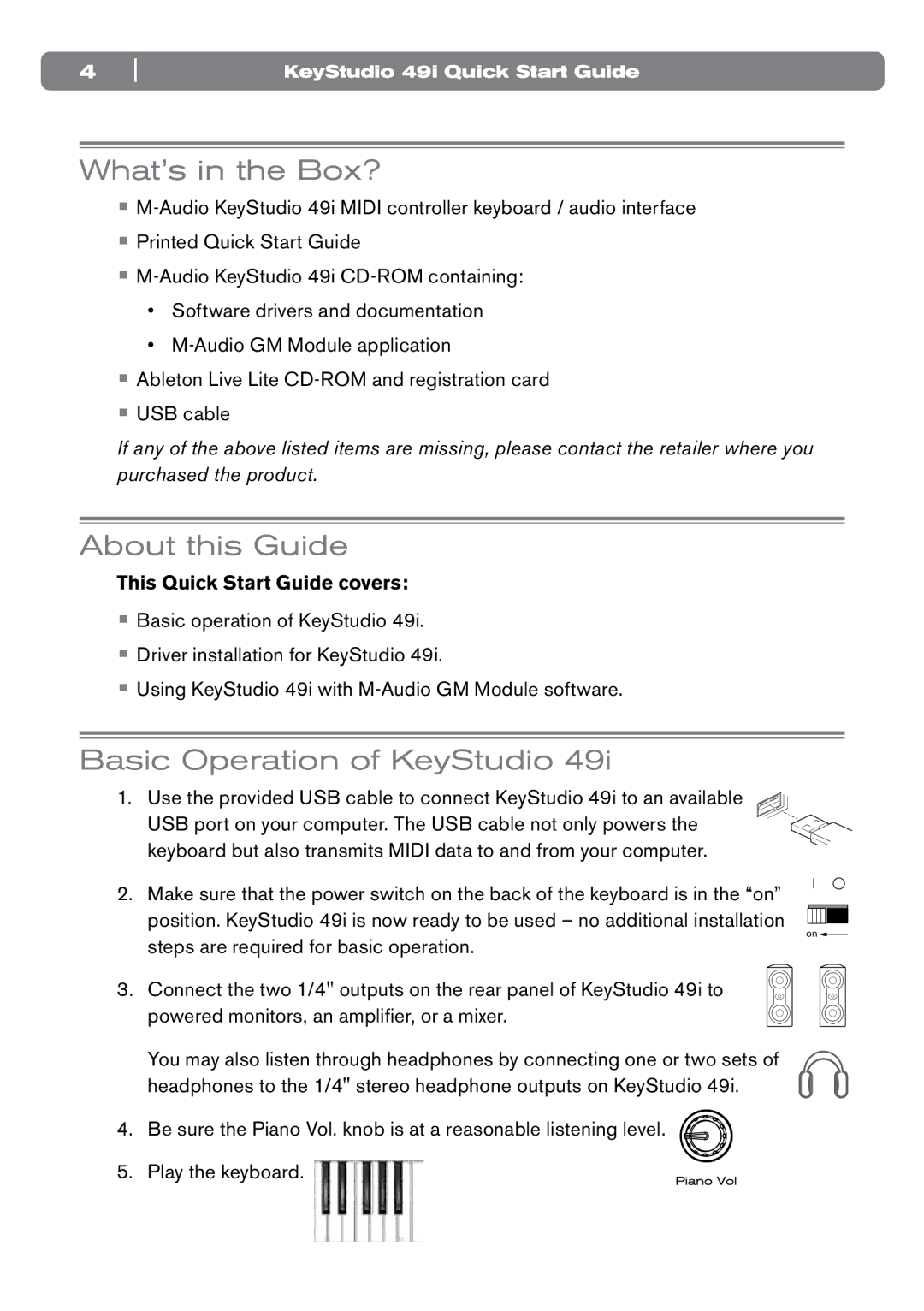 M-Audio 49i quick start What’s in the Box?, About this Guide, Basic Operation of KeyStudio 