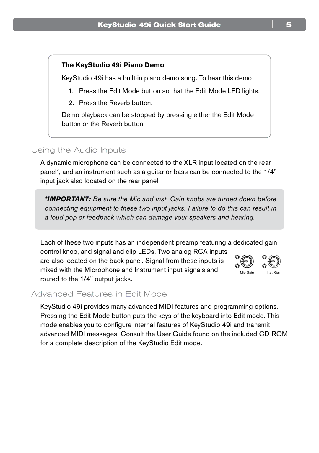 M-Audio 49i quick start Using the Audio Inputs, Advanced Features in Edit Mode 