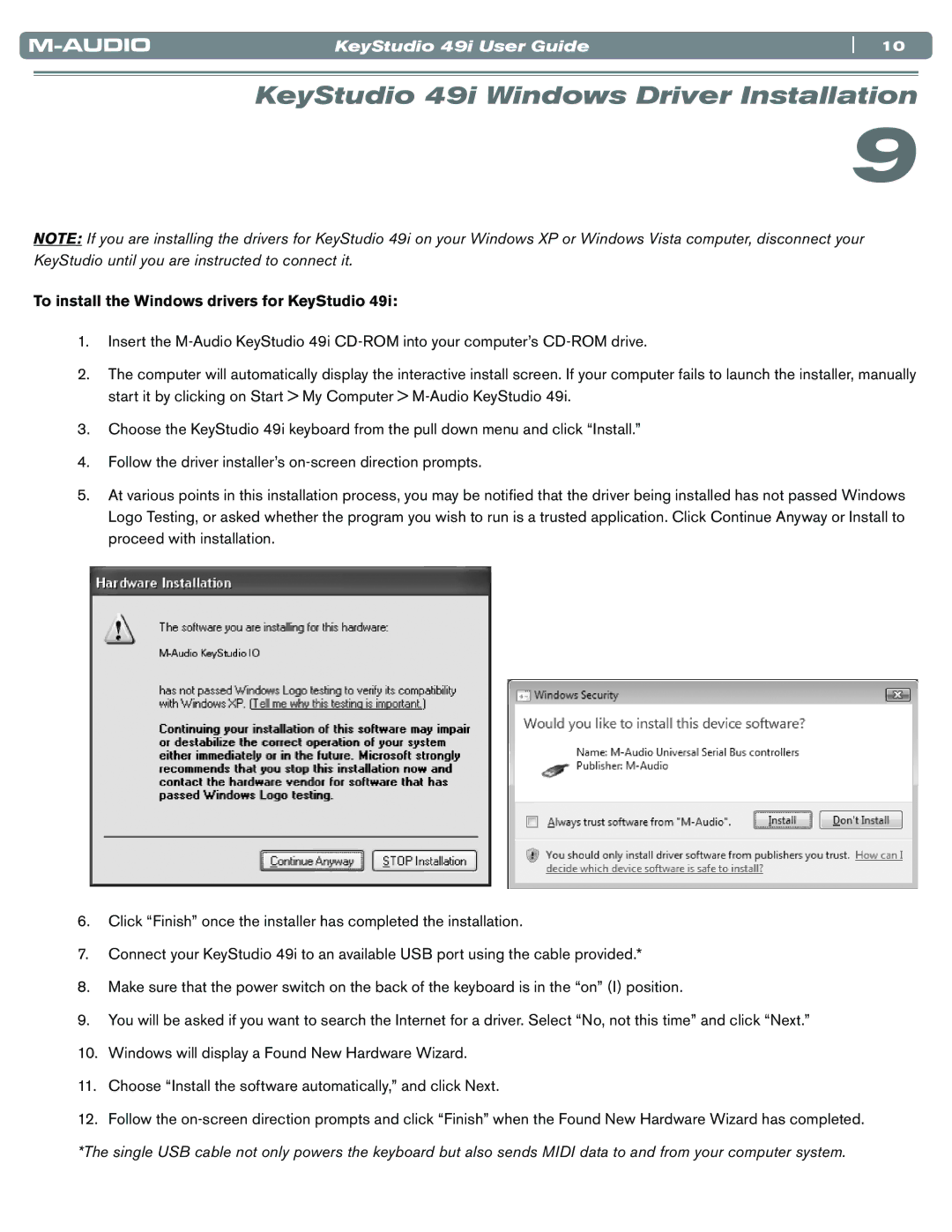 M-Audio manual KeyStudio 49i Windows Driver Installation, To install the Windows drivers for KeyStudio 