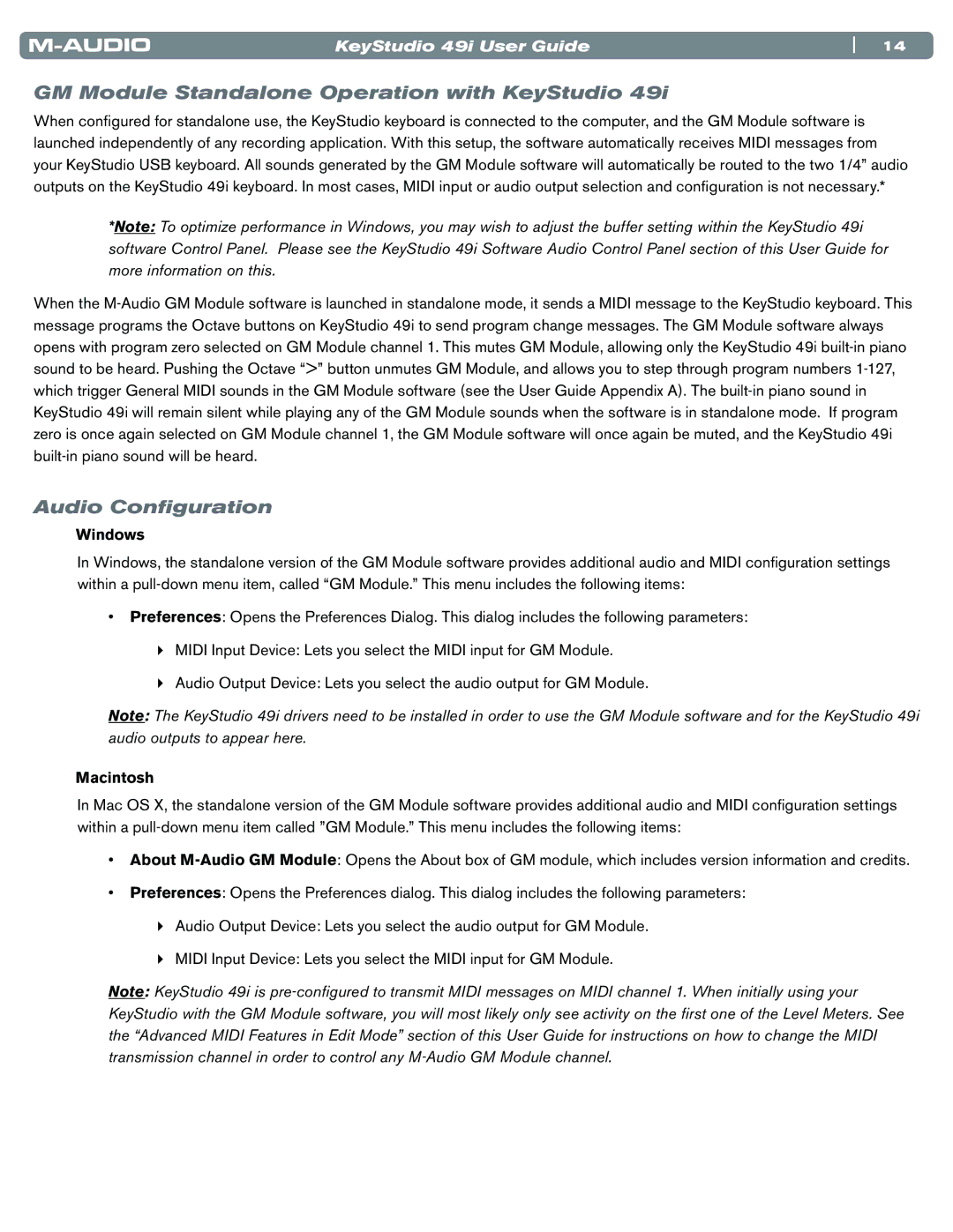 M-Audio 49i manual GM Module Standalone Operation with KeyStudio, Audio Configuration, Windows, Macintosh 