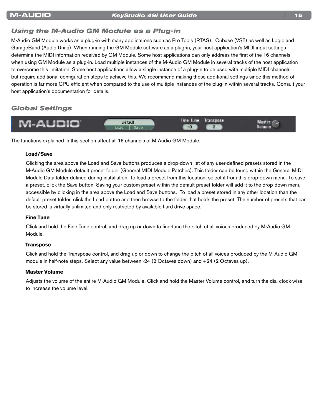 M-Audio 49i manual Using the M-Audio GM Module as a Plug-in, Global Settings 