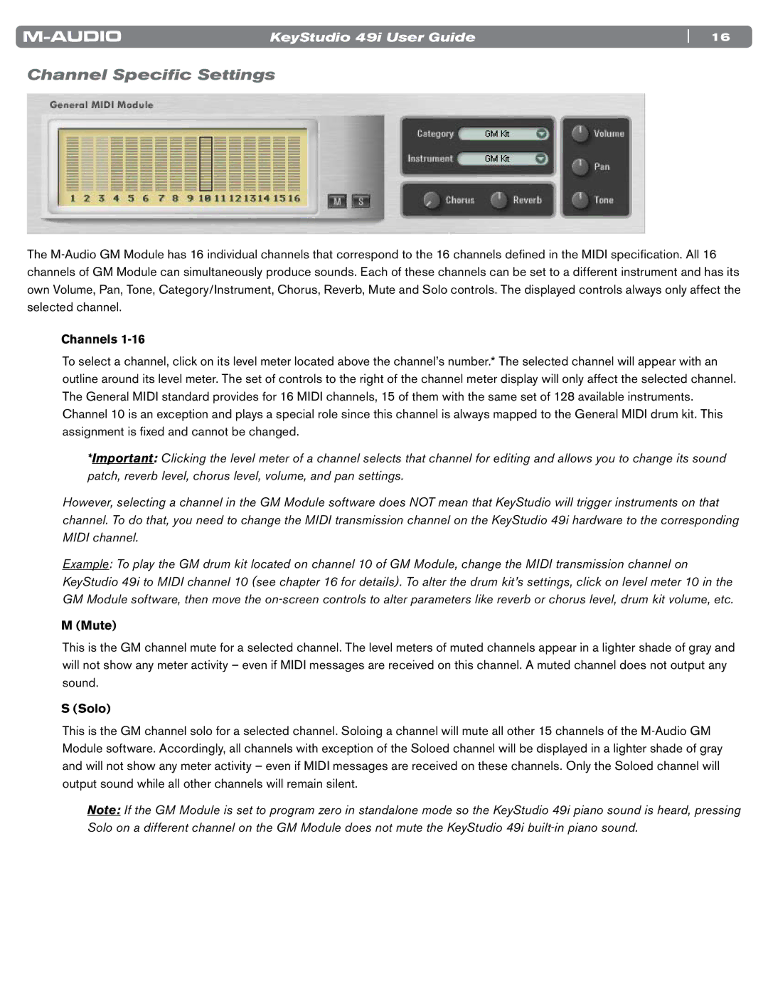 M-Audio 49i manual Channel Specific Settings, Channels, Mute, Solo 