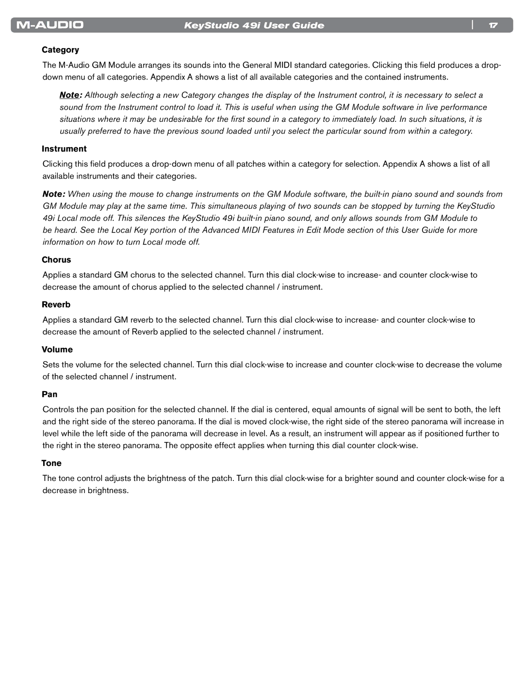 M-Audio 49i manual Category, Instrument, Chorus, Reverb, Volume, Pan, Tone 