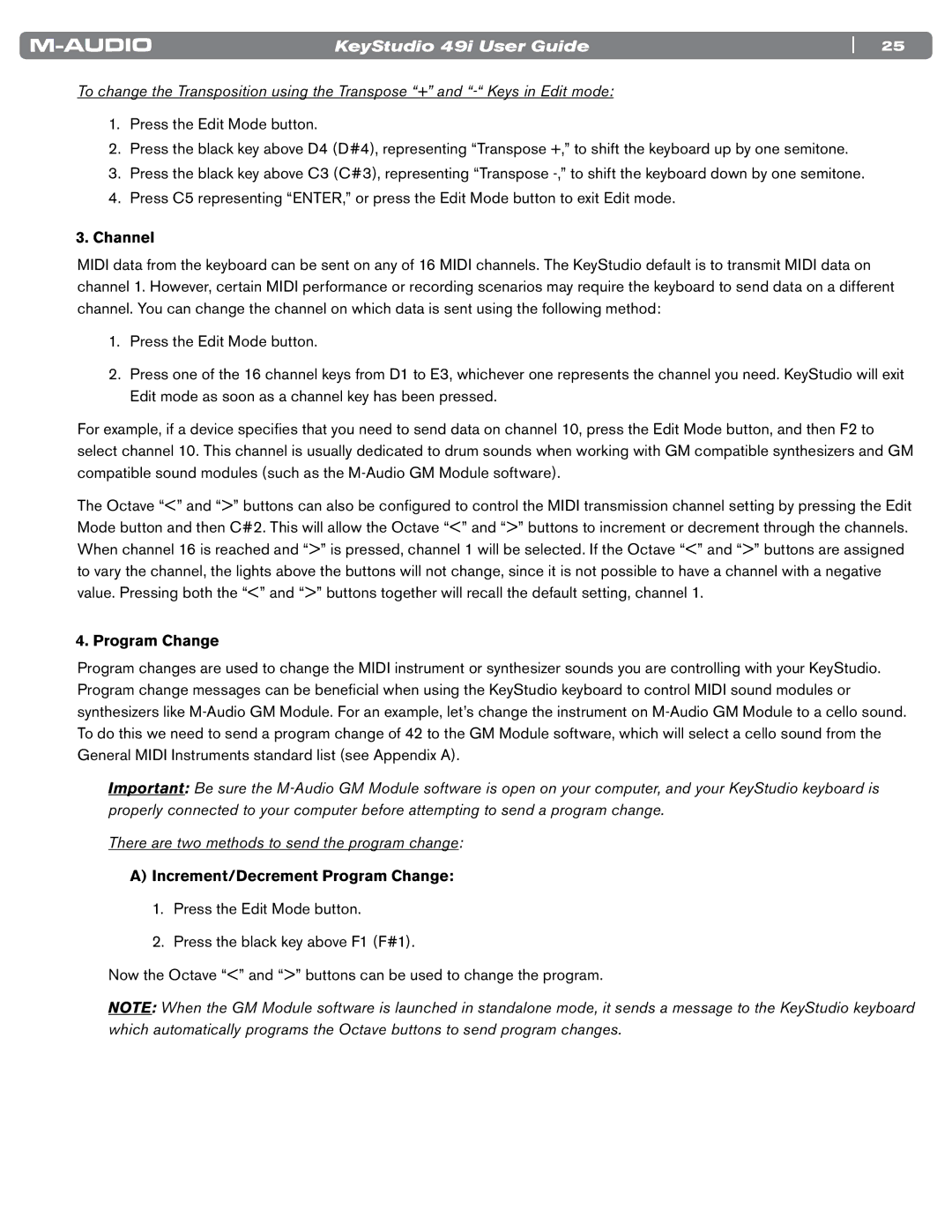 M-Audio 49i manual Channel, Increment/Decrement Program Change 