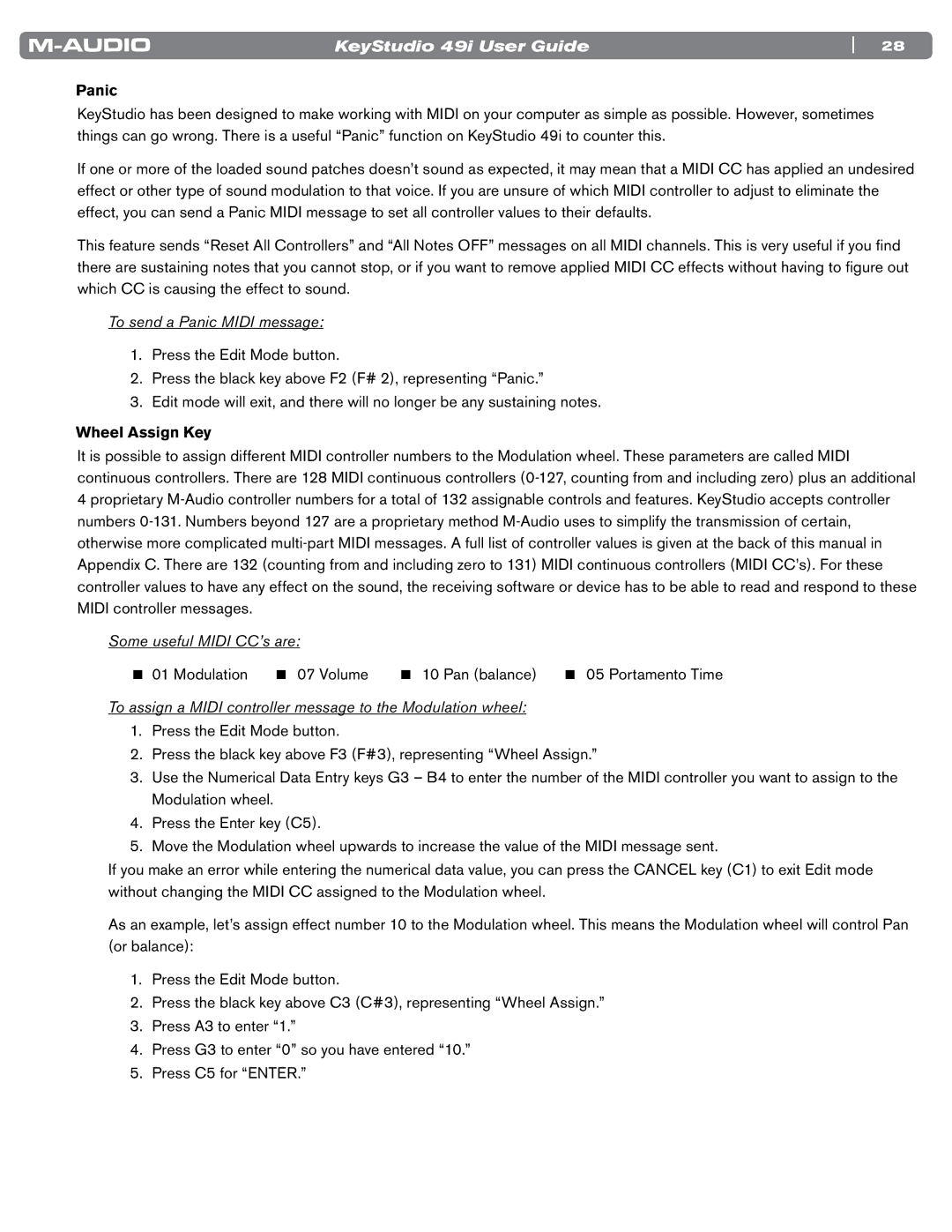 M-Audio 49i manual Panic, Wheel Assign Key 