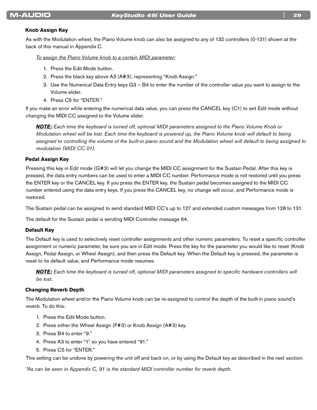 M-Audio 49i manual Knob Assign Key, Pedal Assign Key, Default Key, Changing Reverb Depth 