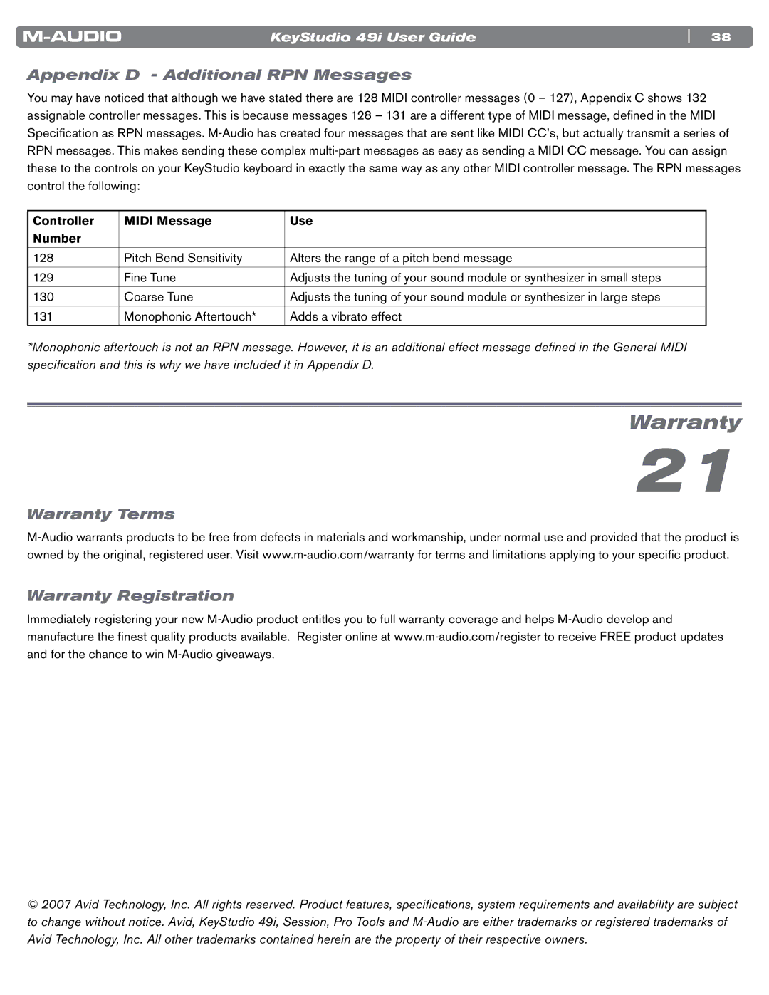 M-Audio 49i manual Appendix D Additional RPN Messages, Warranty Terms Warranty Registration 