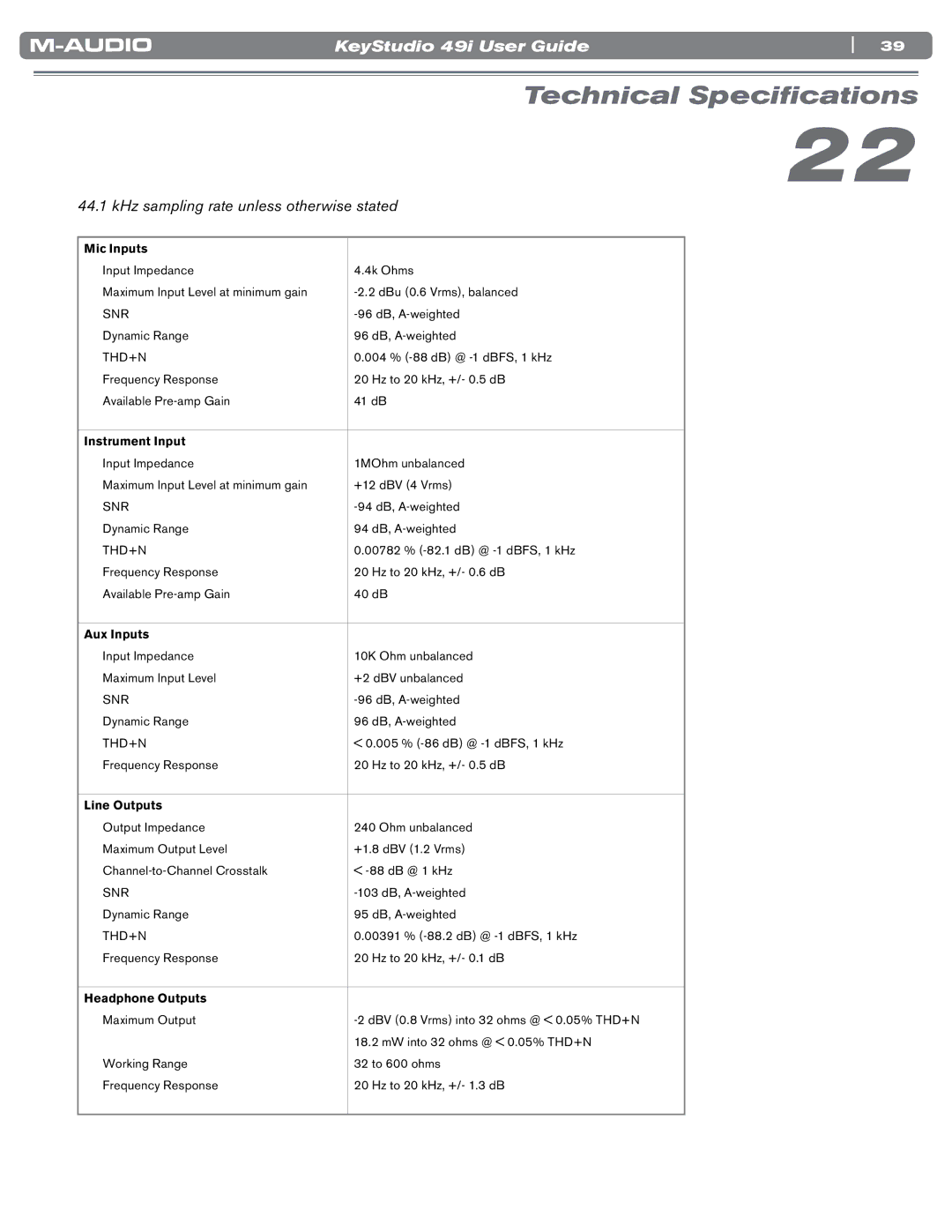 M-Audio 49i manual Technical Specifications, KHz sampling rate unless otherwise stated 