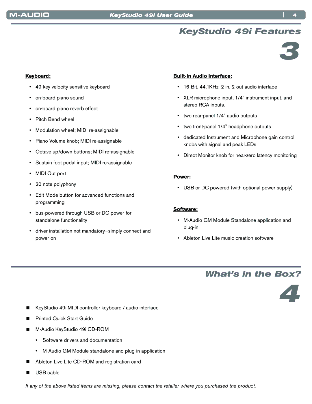 M-Audio manual KeyStudio 49i Features, What’s in the Box? 