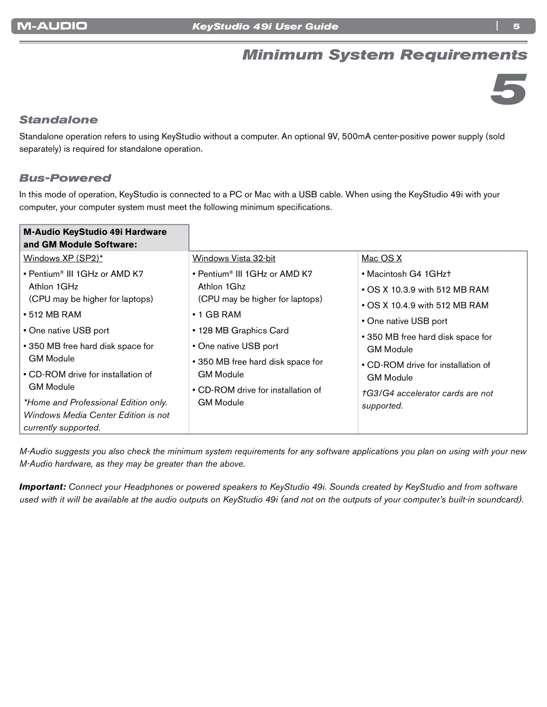 M-Audio manual Minimum System Requirements, Standalone, Bus-Powered, Audio KeyStudio 49i Hardware and GM Module Software 