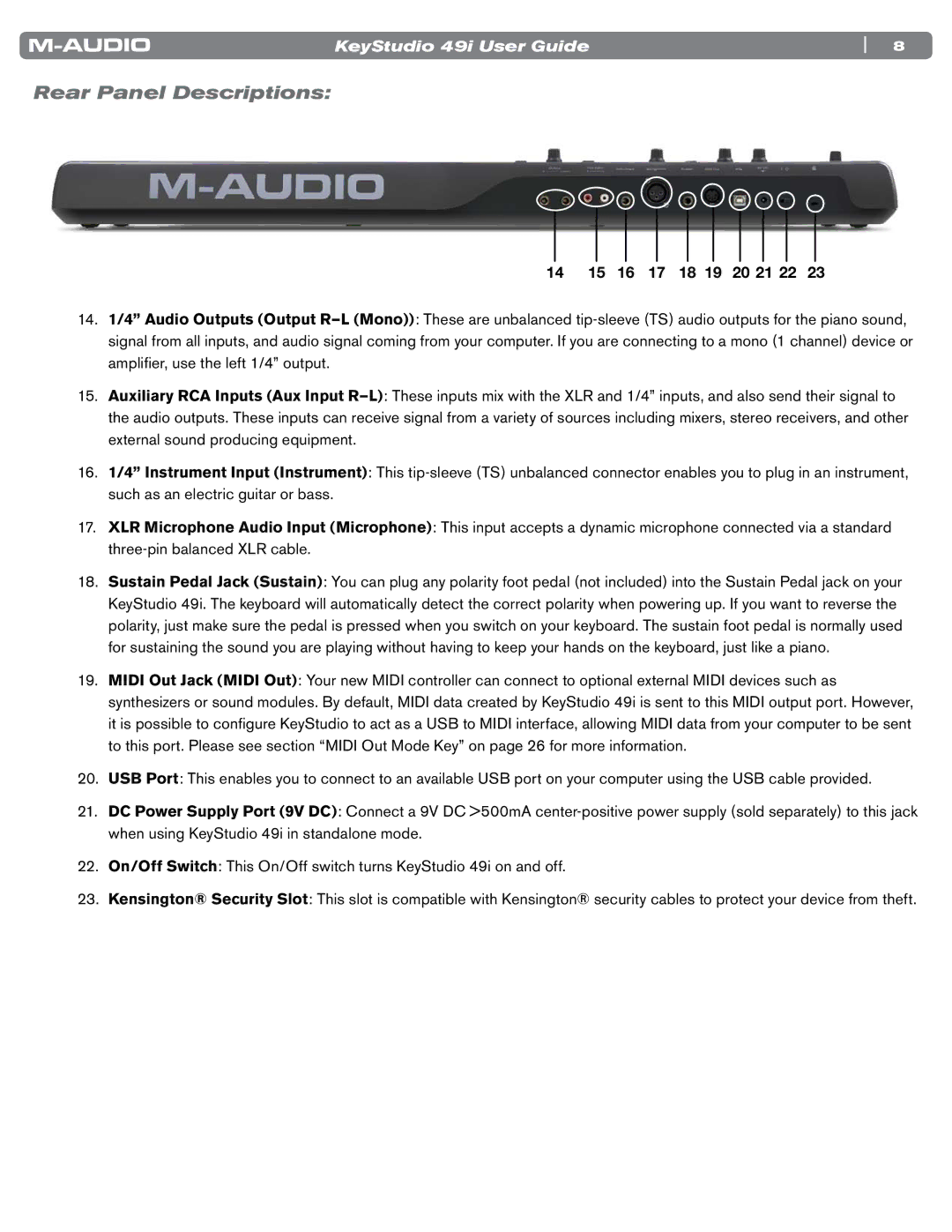 M-Audio 49i manual Rear Panel Descriptions, £ £x £È £Ç £n £™ Óä Ó£ ÓÓ ÓÎ 