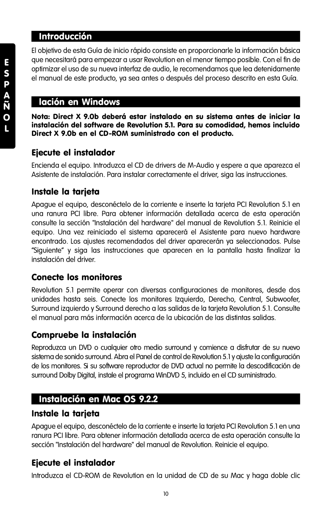 M-Audio 5.1 Introducción, Lación en Windows, Instalación en Mac OS, Compruebe la inst lación, Instale la tarjeta 