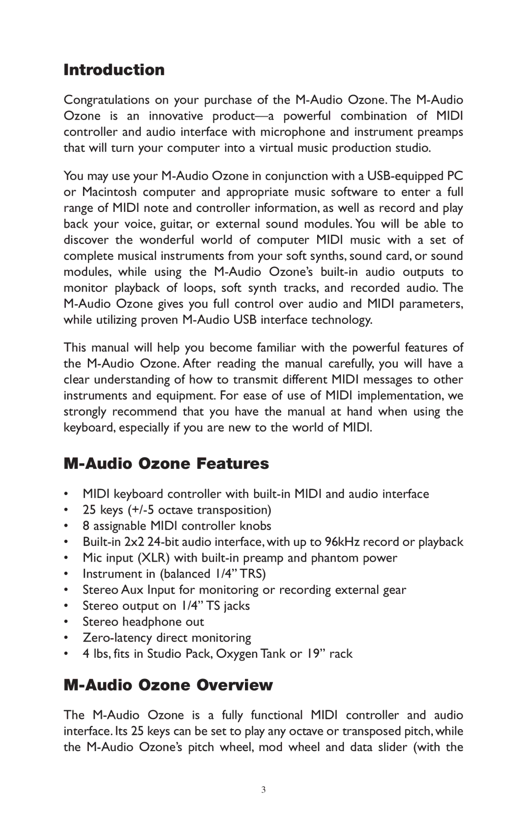 M-Audio 52803 warranty Introduction, Audio Ozone Features, Audio Ozone Overview 