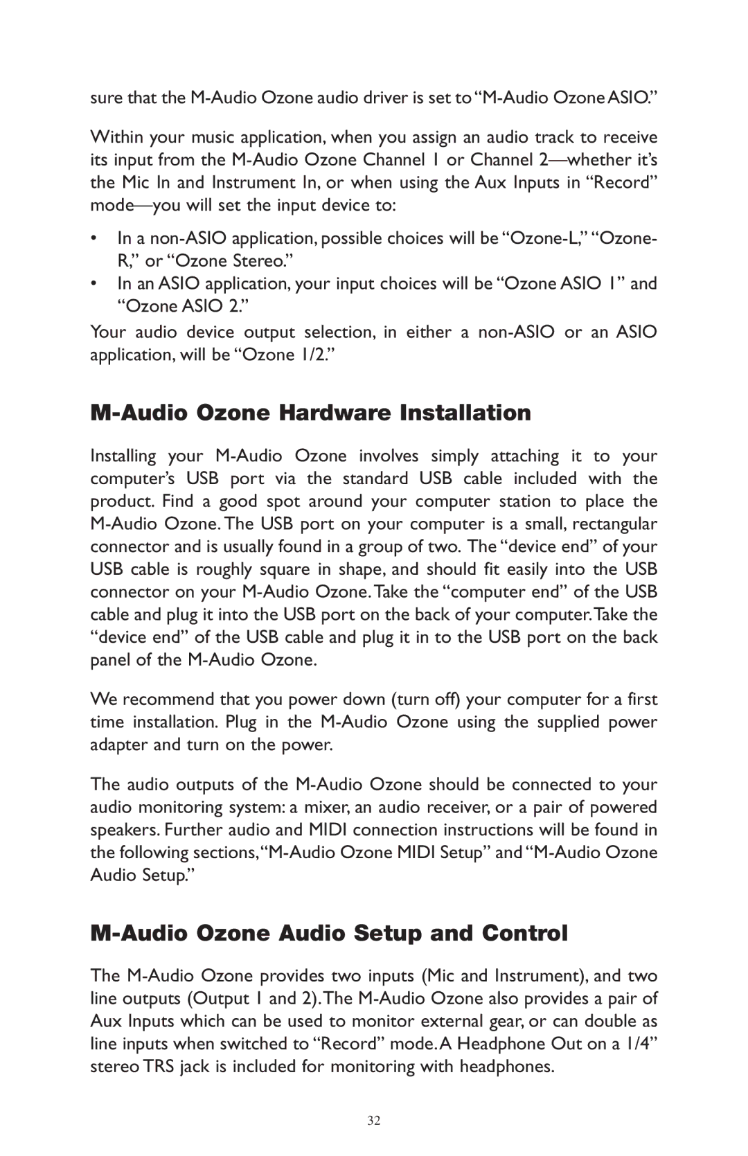 M-Audio 52803 warranty Audio Ozone Hardware Installation, Audio Ozone Audio Setup and Control 