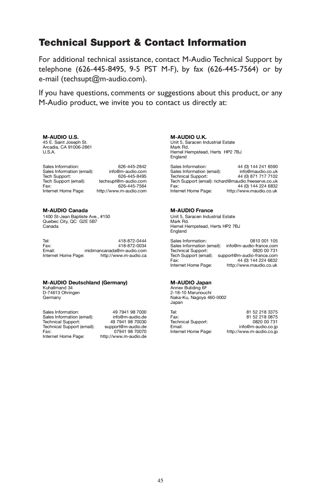 M-Audio 52803 warranty Technical Support & Contact Information, Audio U.S Audio U.K 