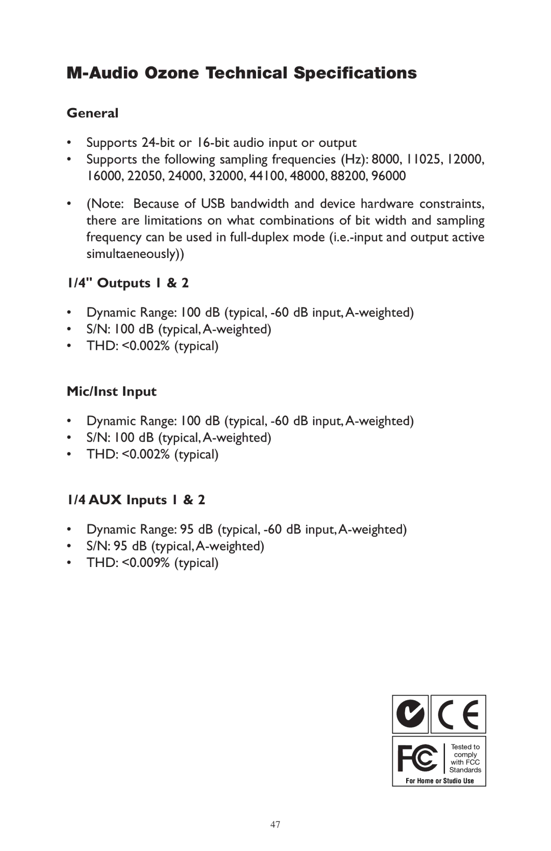 M-Audio 52803 warranty Audio Ozone Technical Specifications, General, Outputs 1, Mic/Inst Input, AUX Inputs 1 