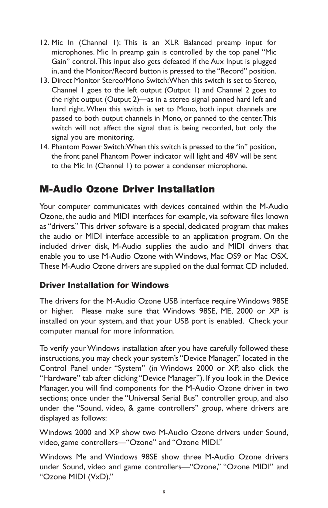 M-Audio 52803 warranty Audio Ozone Driver Installation, Driver Installation for Windows 