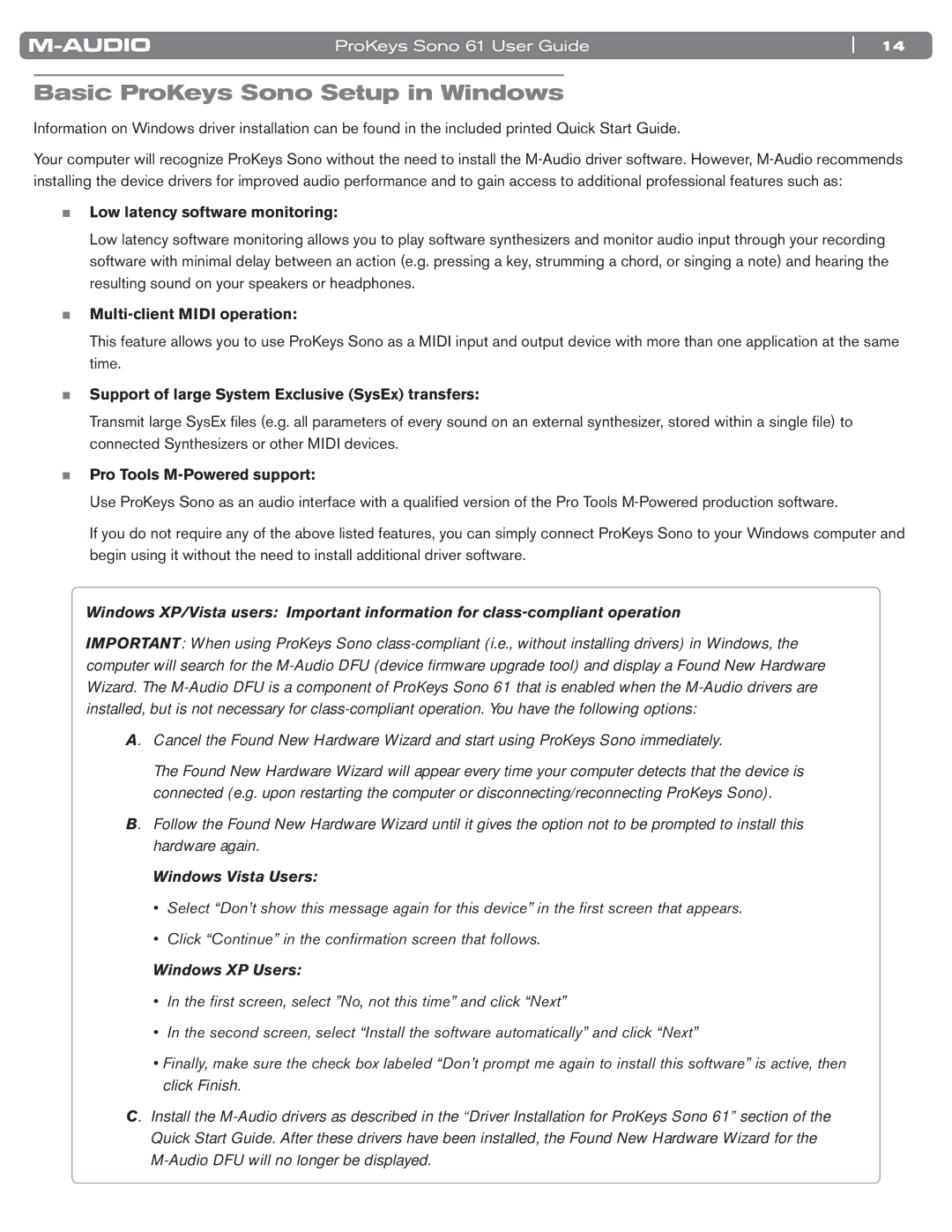 M-Audio 61 manual Basic ProKeys Sono Setup in Windows, Low latency software monitoring 