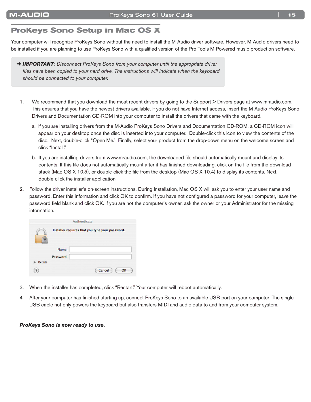 M-Audio 61 manual ProKeys Sono Setup in Mac OS 