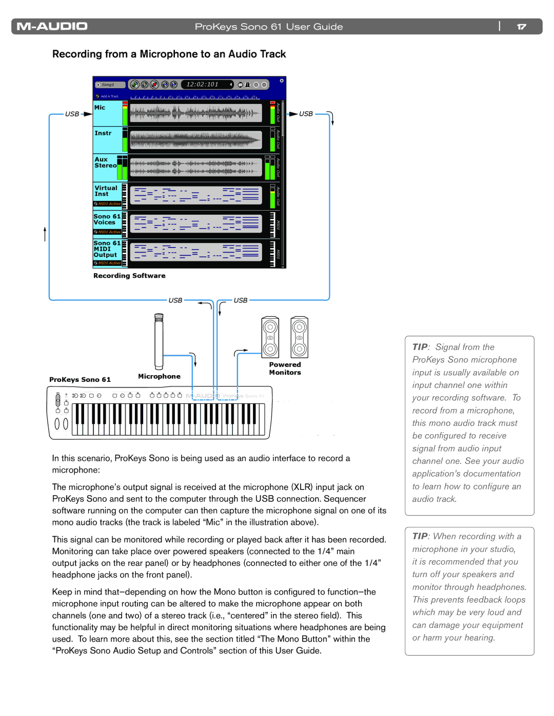 M-Audio 61 manual Recording from a Microphone to an Audio Track, Usb 