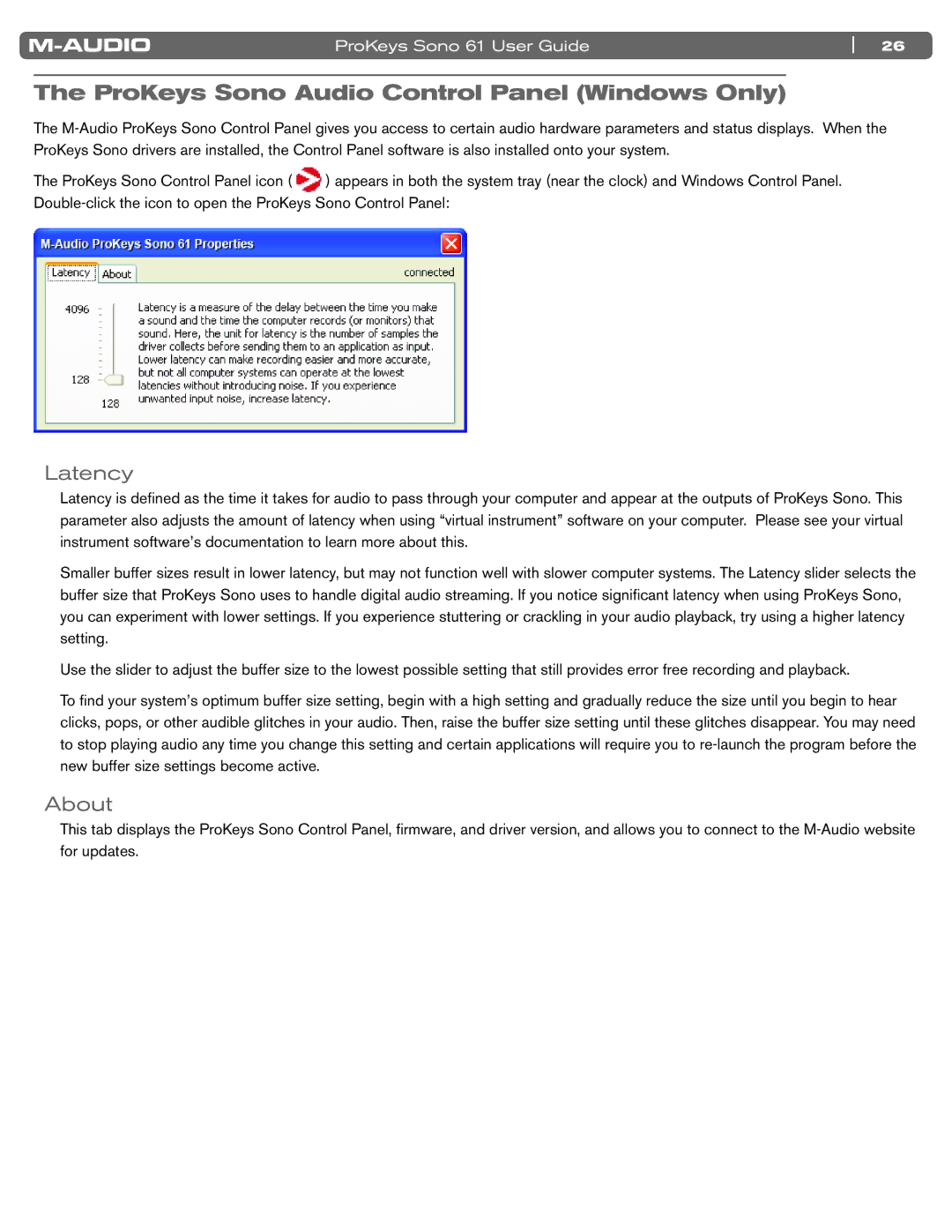 M-Audio 61 manual ProKeys Sono Audio Control Panel Windows Only, Latency, About 