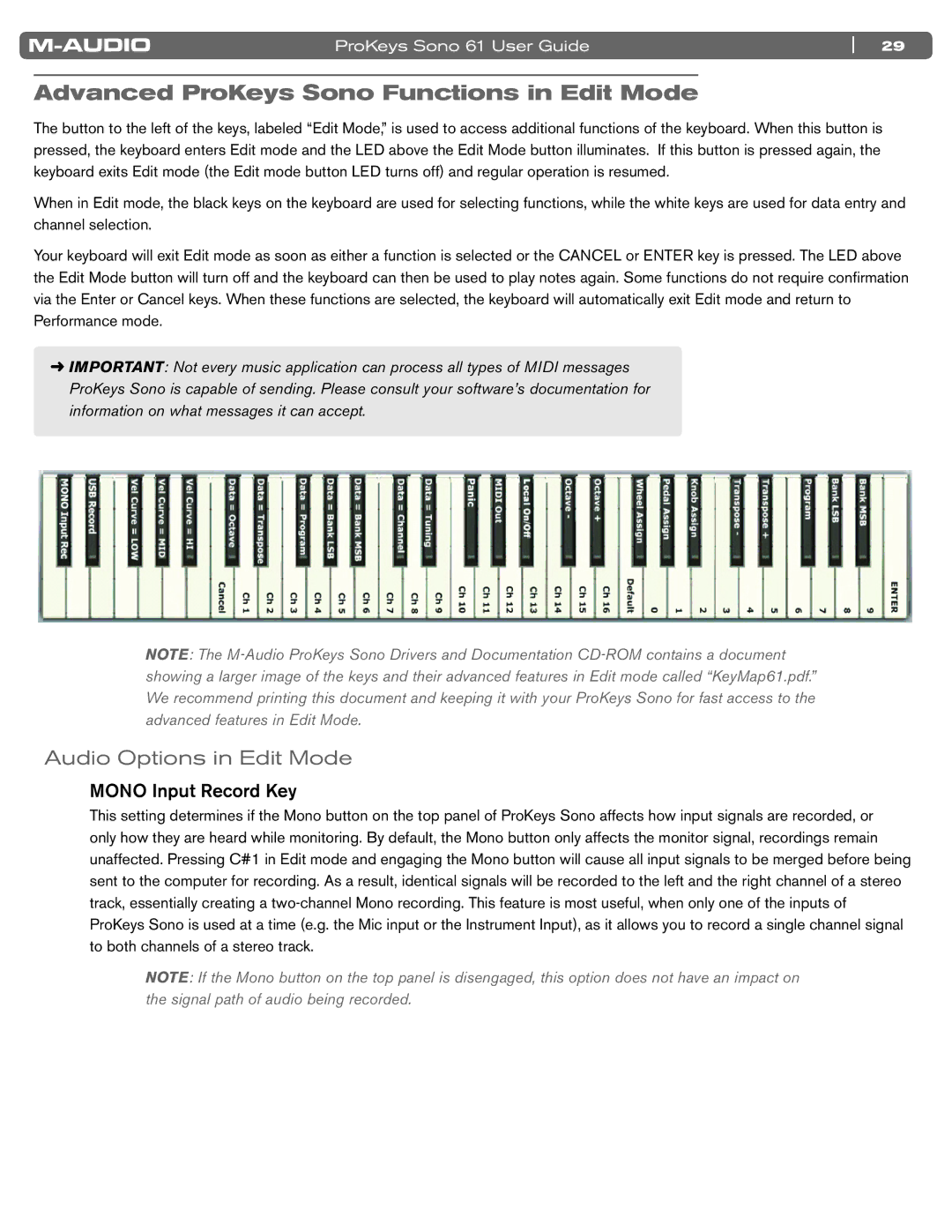 M-Audio 61 manual Advanced ProKeys Sono Functions in Edit Mode, Audio Options in Edit Mode, Mono Input Record Key 