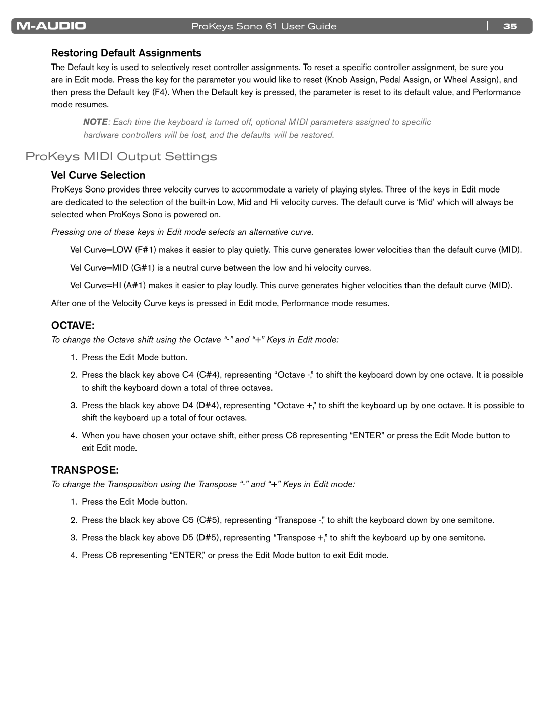 M-Audio 61 manual ProKeys Midi Output Settings, Restoring Default Assignments, Vel Curve Selection 