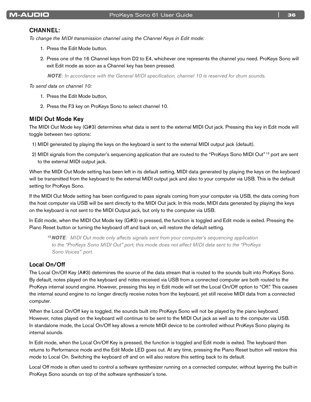 M-Audio 61 manual Midi Out Mode Key, Local On/Off, To send data on channel 
