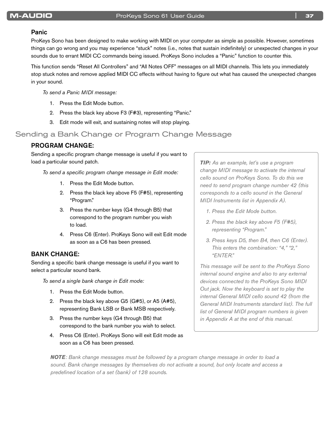 M-Audio 61 manual Sending a Bank Change or Program Change Message, To send a Panic Midi message 