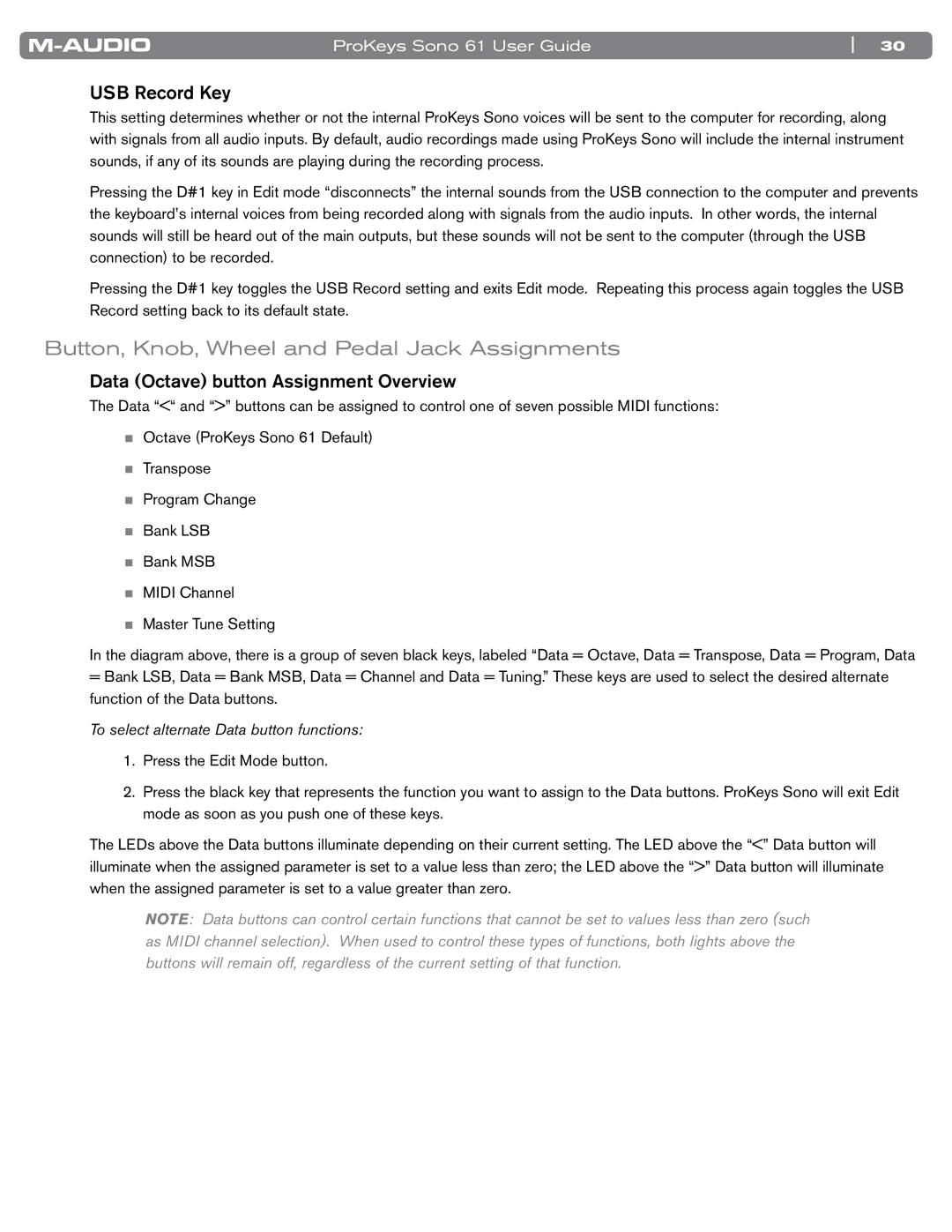 M-Audio 61 manual Button, Knob, Wheel and Pedal Jack Assignments, USB Record Key, Data Octave button Assignment Overview 