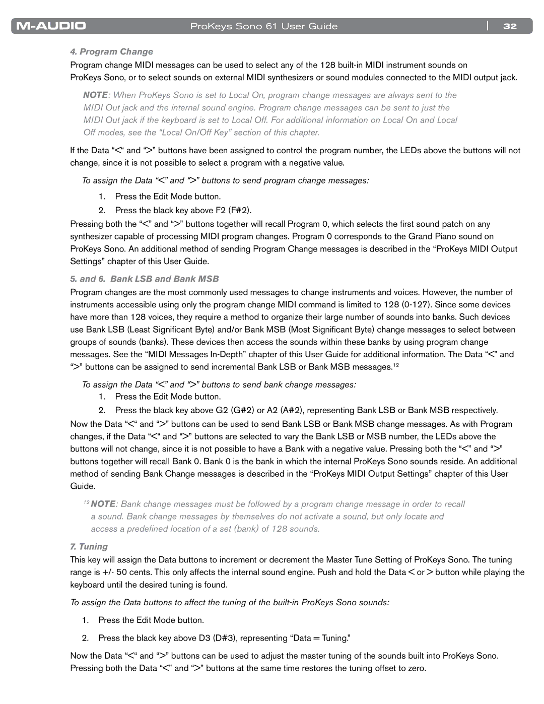 M-Audio 61 manual Program Change, To assign the Data and buttons to send bank change messages 