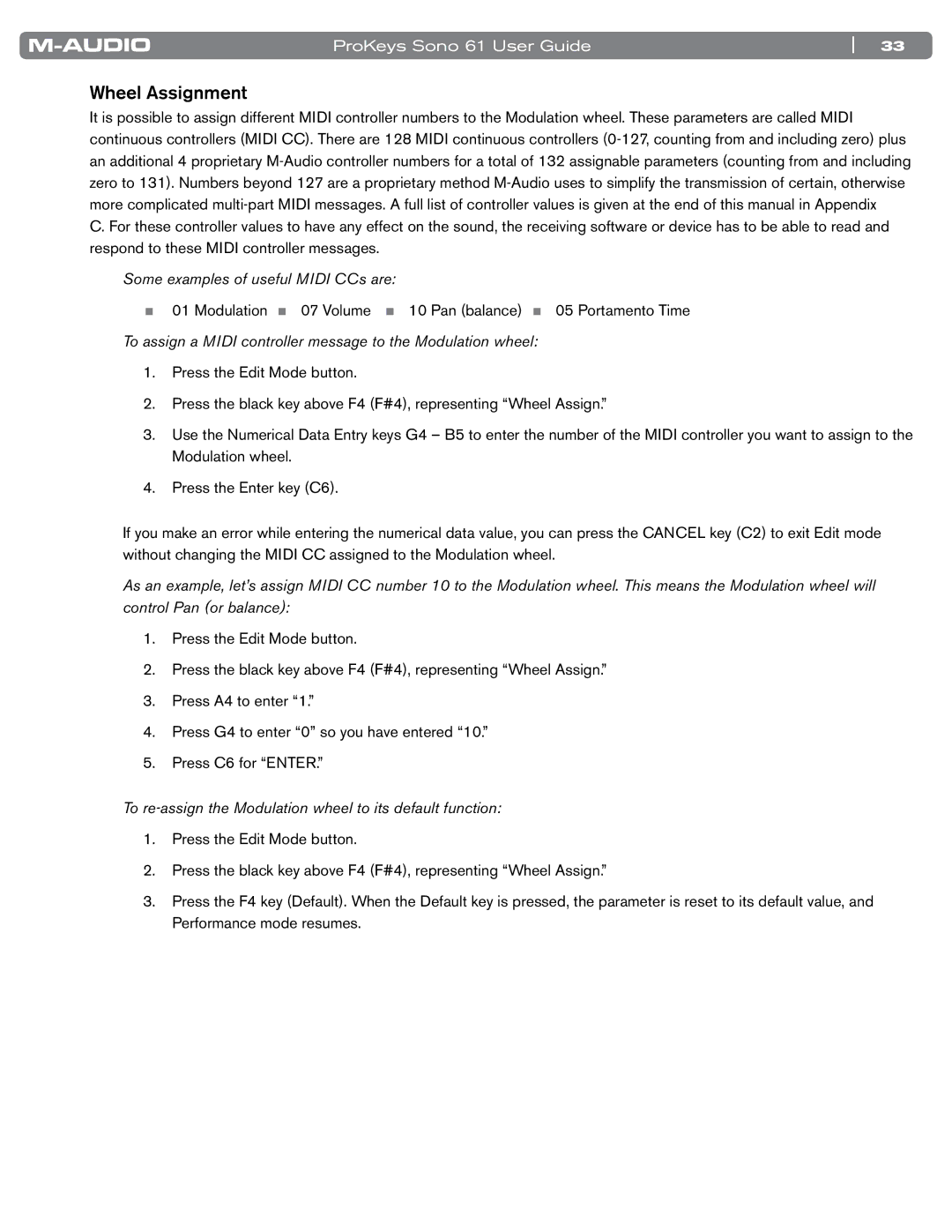 M-Audio 61 manual Wheel Assignment, Some examples of useful Midi CCs are 