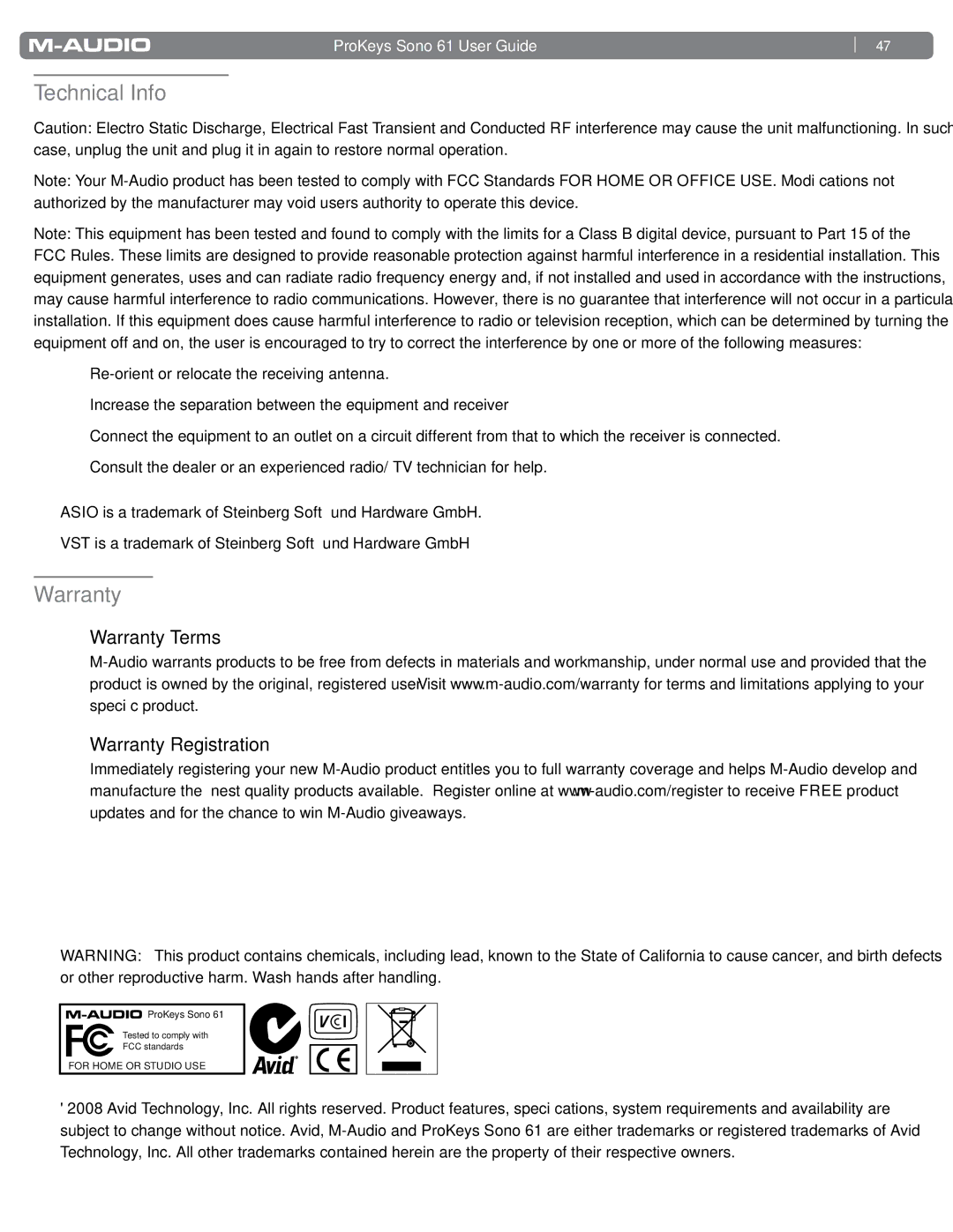 M-Audio 61 manual Technical Info, Warranty Terms Warranty Registration 