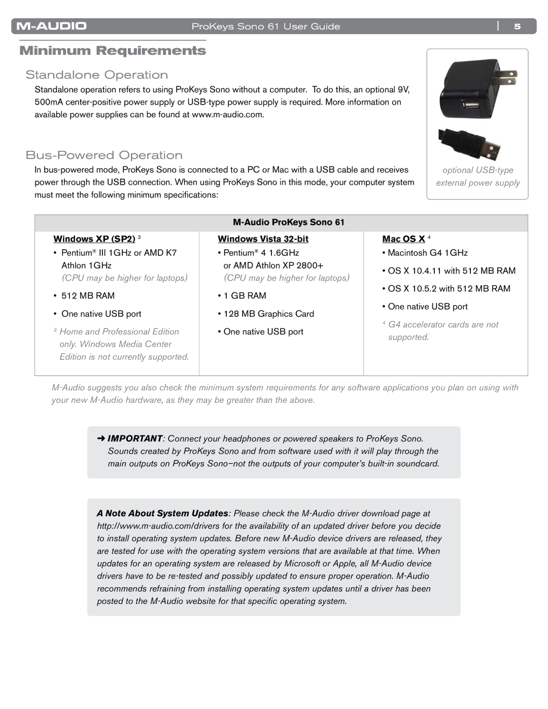 M-Audio 61 manual Minimum Requirements, Standalone Operation Bus-Powered Operation 