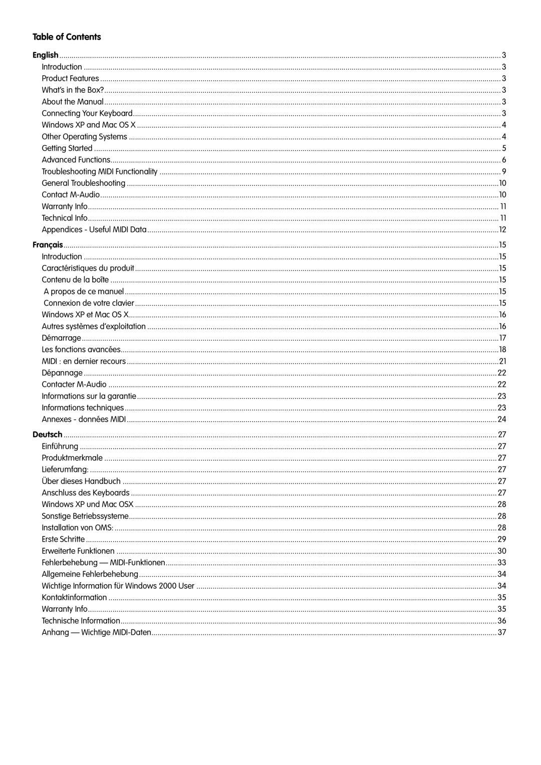 M-Audio 49e, 61es, 88es manual Table of Contents 