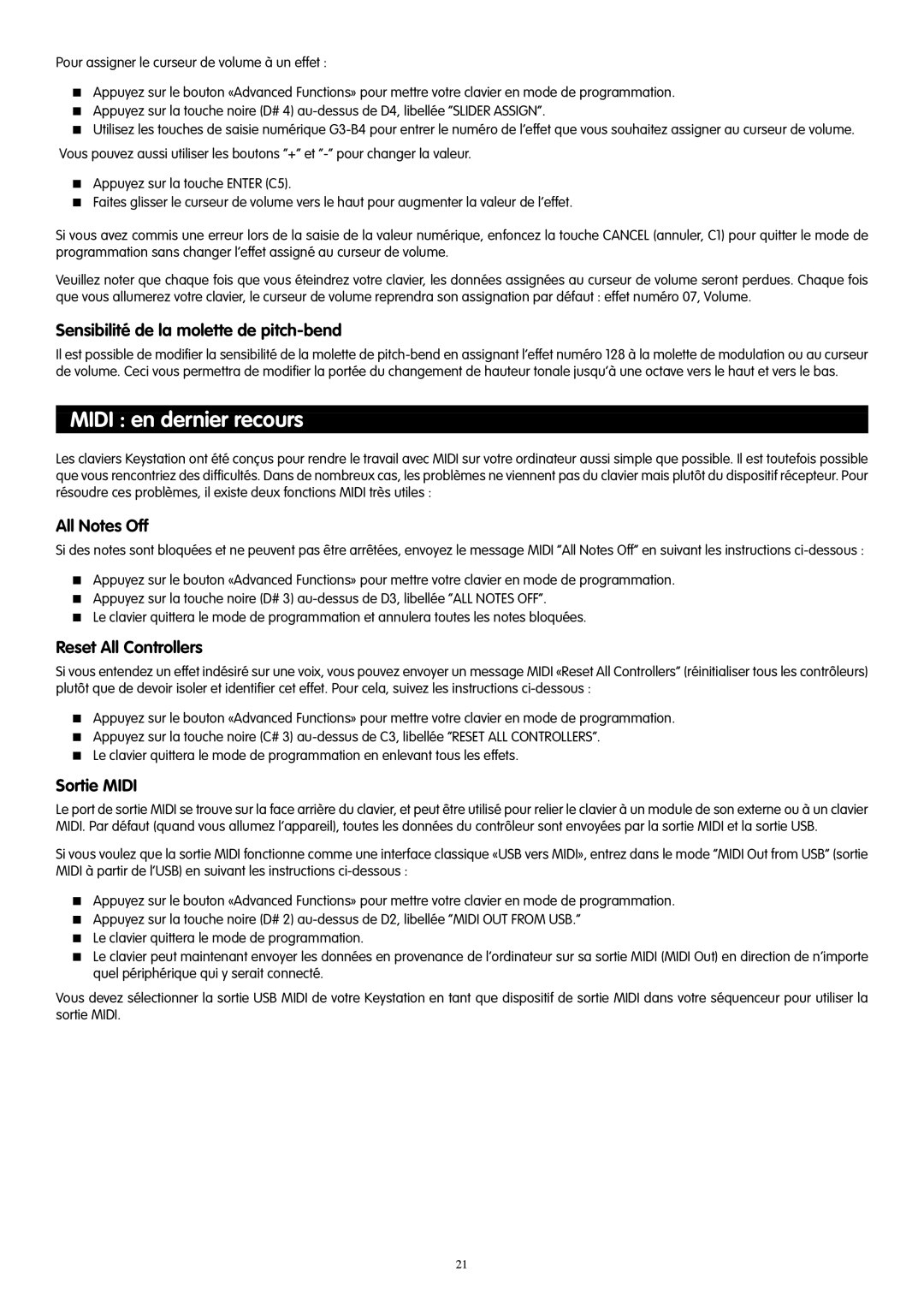 M-Audio 88es, 61es, 49e manual Midi en dernier recours, Sensibilité de la molette de pitch-bend, Sortie Midi 