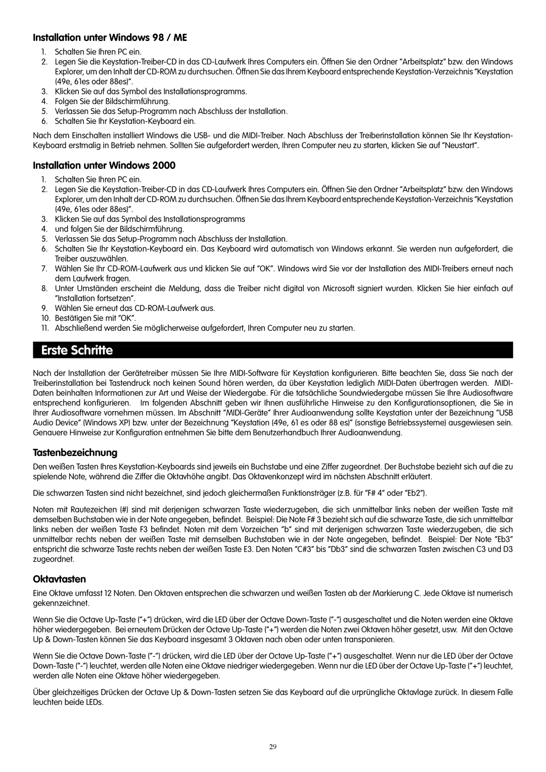 M-Audio 61es, 88es, 49e manual Erste Schritte, Installation unter Windows 98 / ME, Tastenbezeichnung, Oktavtasten 
