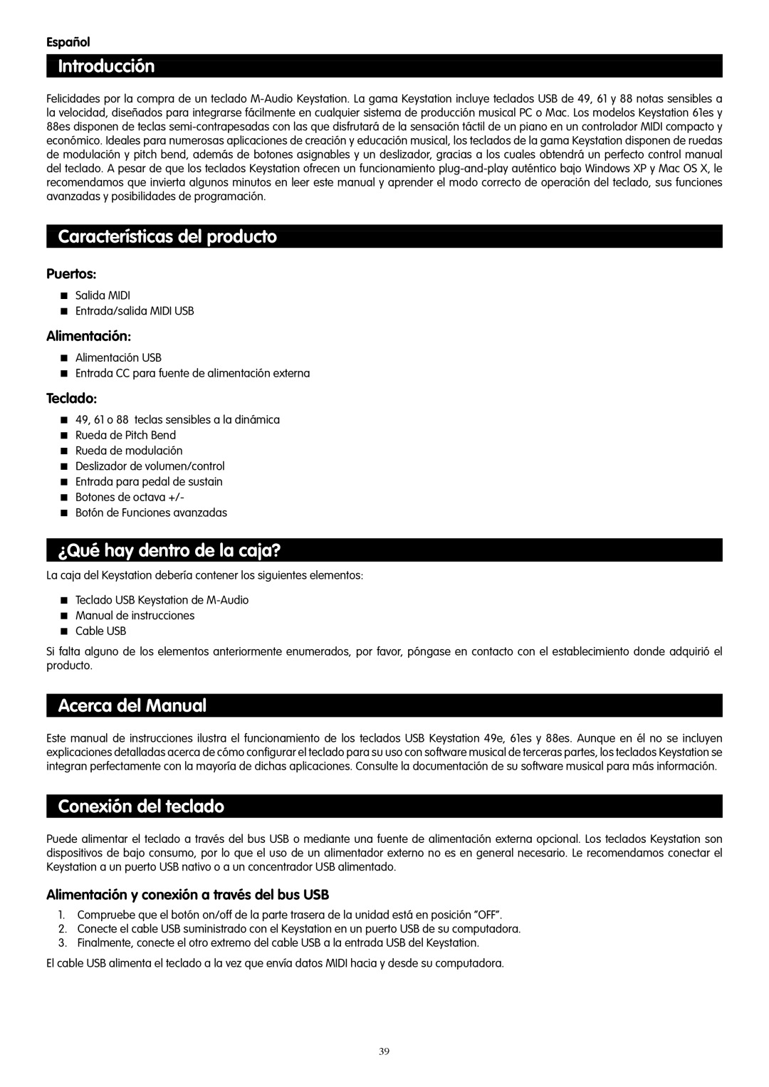 M-Audio 88es, 61es, 49e manual Introducción, Características del producto, ¿Qué hay dentro de la caja?, Acerca del Manual 