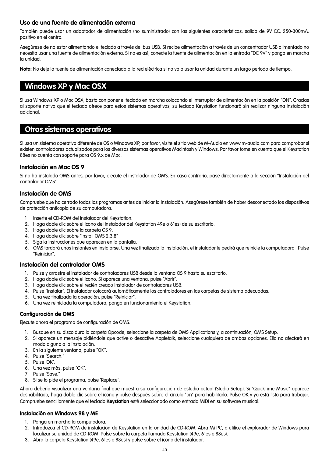 M-Audio 49e, 61es, 88es manual Windows XP y Mac OSX, Otros sistemas operativos 