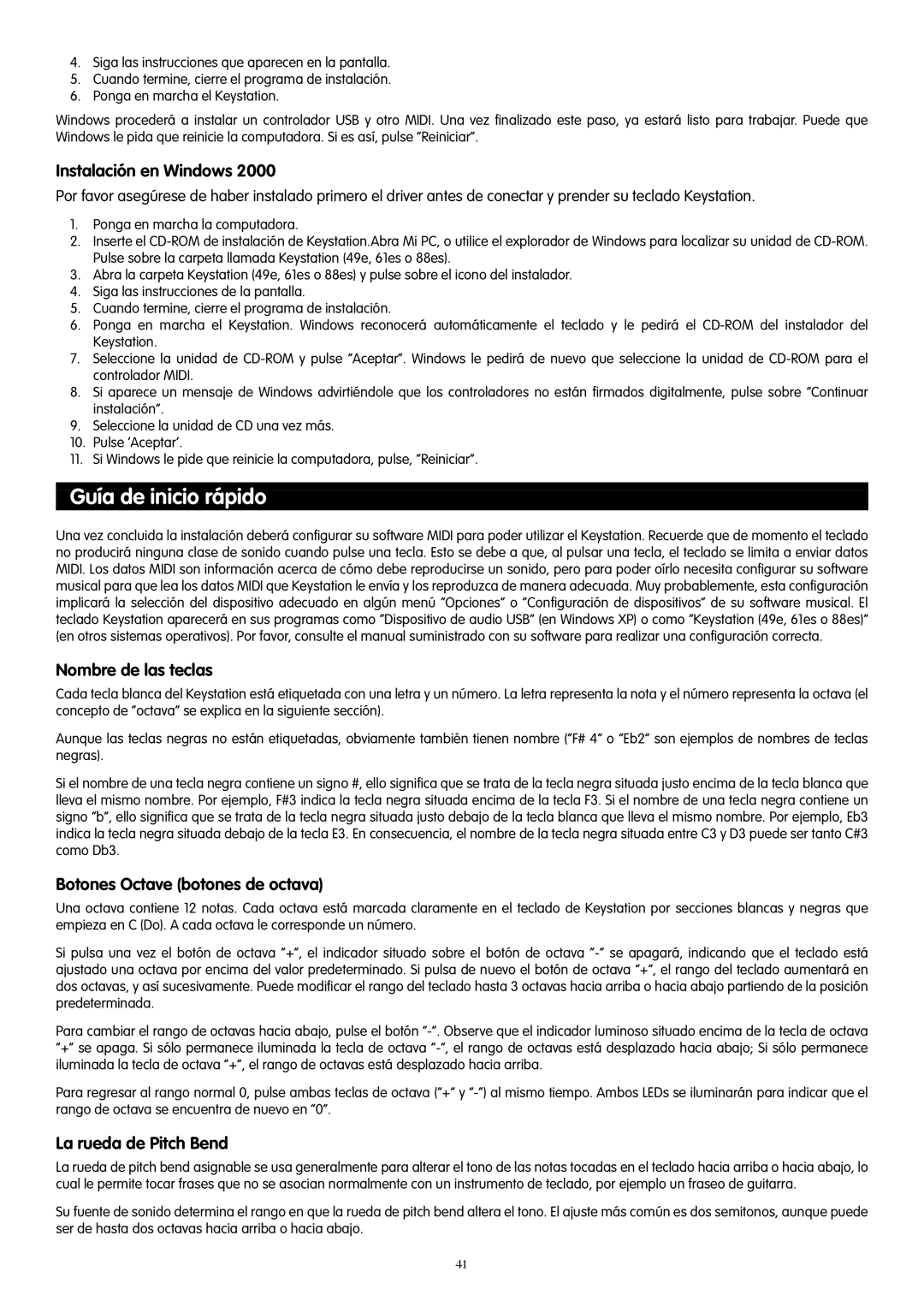 M-Audio 61es, 88es Guía de inicio rápido, Instalación en Windows, Nombre de las teclas, Botones Octave botones de octava 