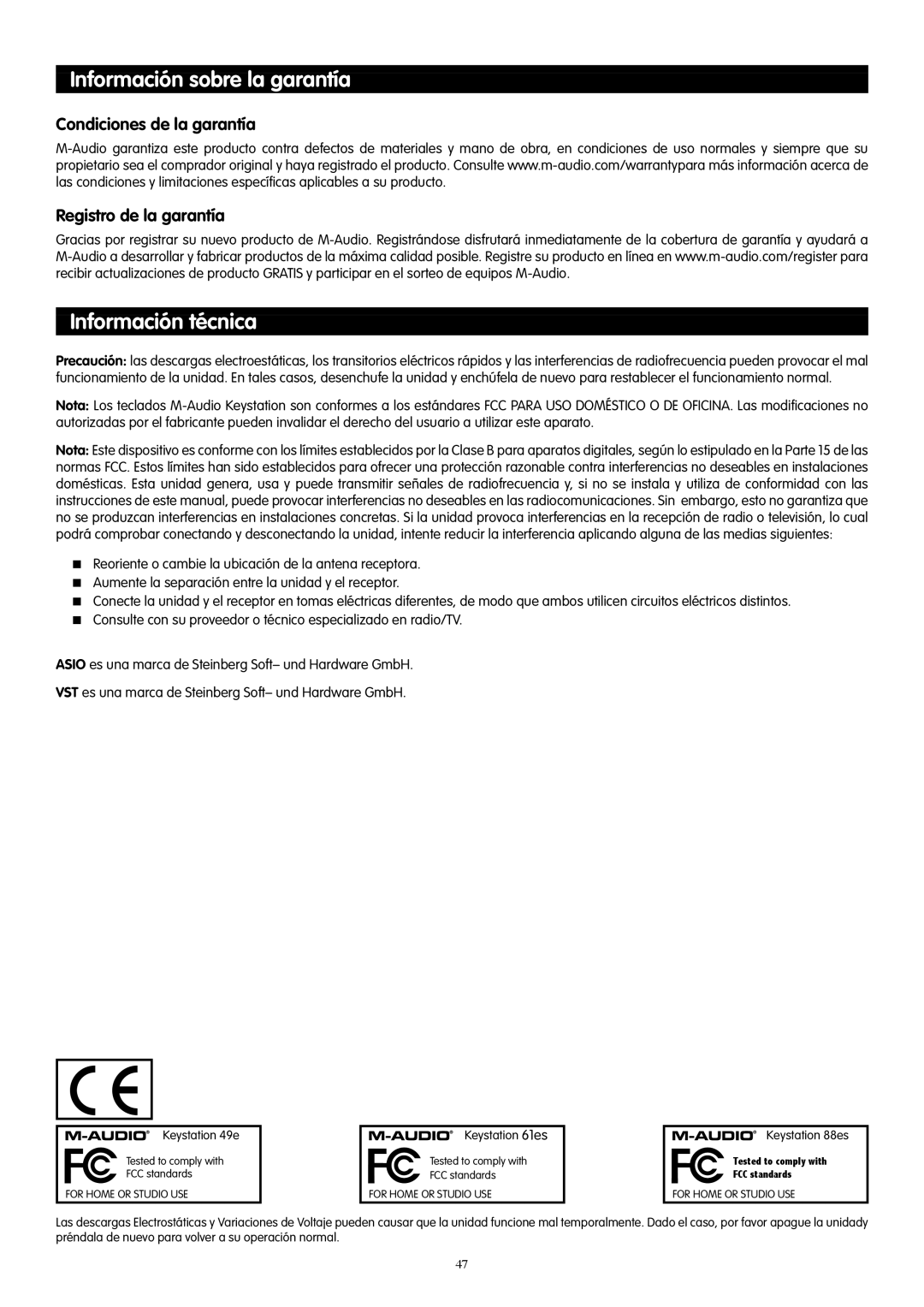 M-Audio 61es, 88es Información sobre la garantía, Información técnica, Condiciones de la garantía Registro de la garantía 