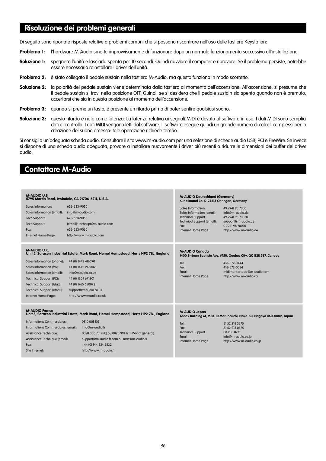 M-Audio 49e, 61es, 88es manual Risoluzione dei problemi generali, Contattare M-Audio 