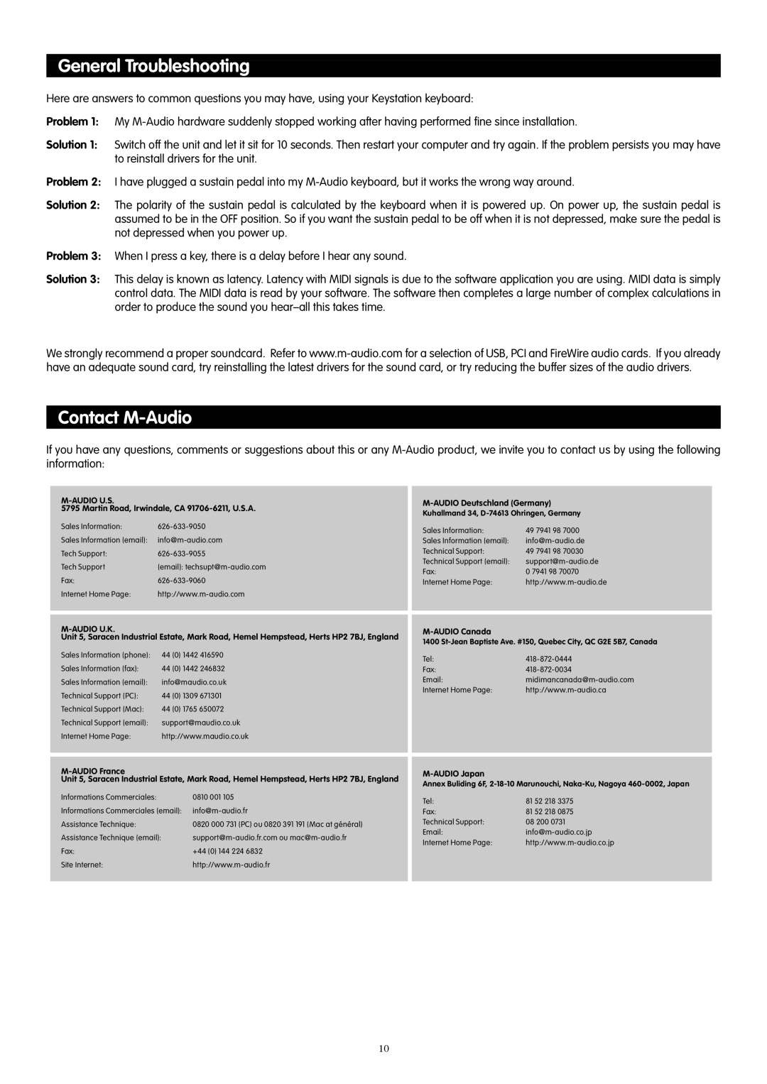 M-Audio 49e, 61es, 88es manual General Troubleshooting, Contact M-Audio 