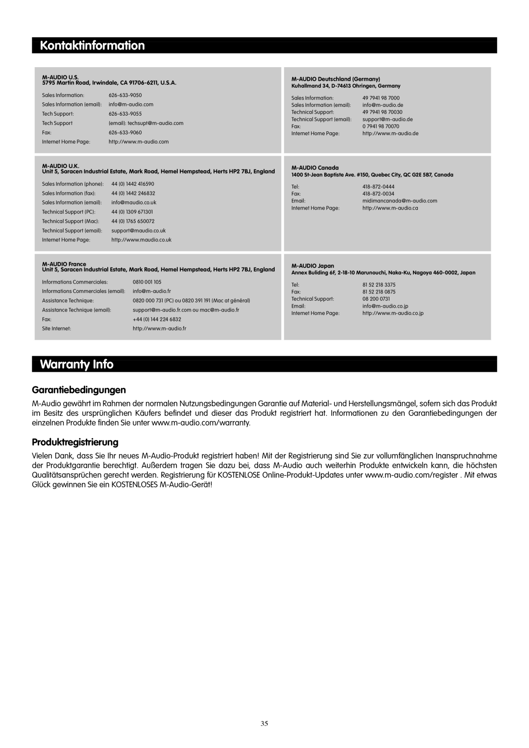 M-Audio 61es, 88es, 49e manual Kontaktinformation, Garantiebedingungen Produktregistrierung 