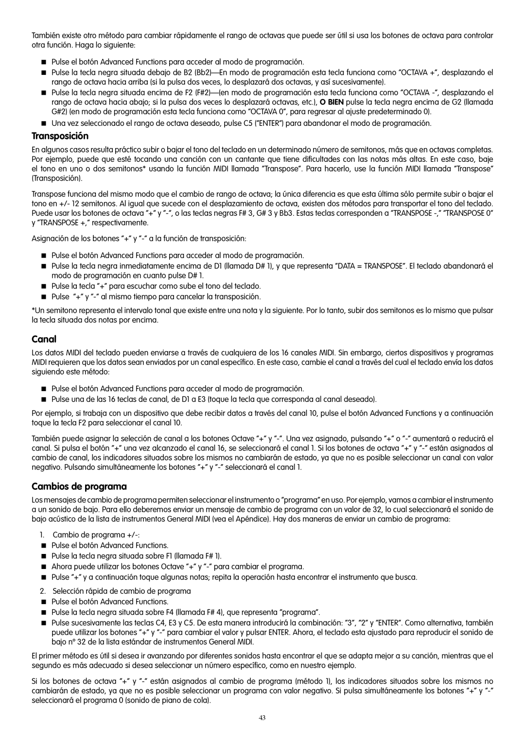 M-Audio 49e, 61es, 88es manual Transposición, Cambios de programa 