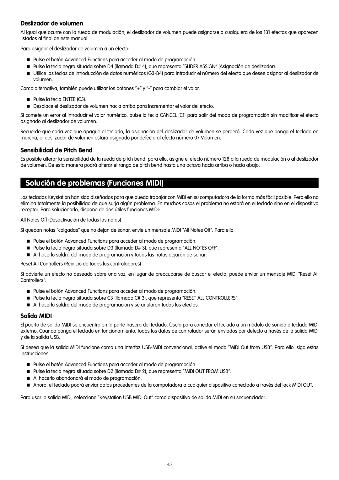 M-Audio 88es, 61es, 49e manual Solución de problemas Funciones Midi, Sensibilidad de Pitch Bend, Salida Midi 