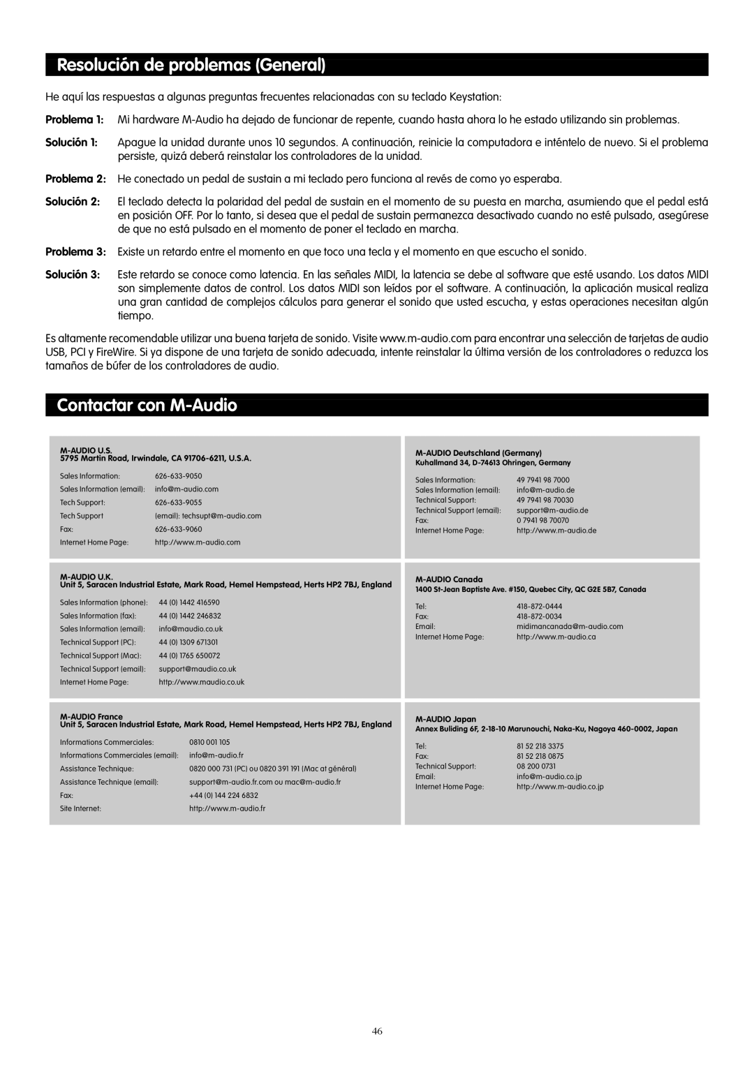 M-Audio 49e, 61es, 88es manual Resolución de problemas General, Contactar con M-Audio 